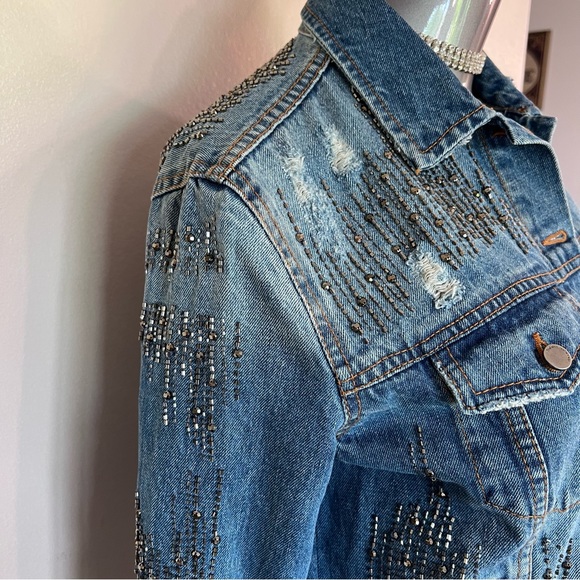 ZARA | Blue beaded distressed dressy spring summer denim rare jean jacket coat - Picture 6 of 16